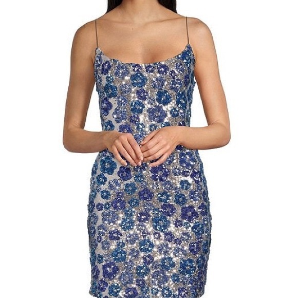 B. Smart Dresses & Skirts - Silver Sequin Blue Floral Side Slit Formal Evening Dress size 7/8